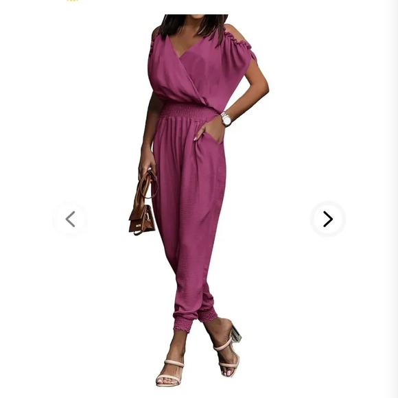 PrettyGarden | Wrap V Neck Cold Shoulder One Piece Jumpsuit Sz S - Picture 1 of 10